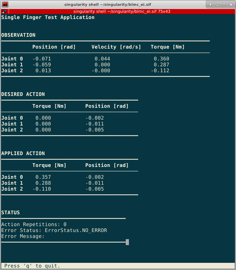 Screenshot of the curses interface showing the robot data.